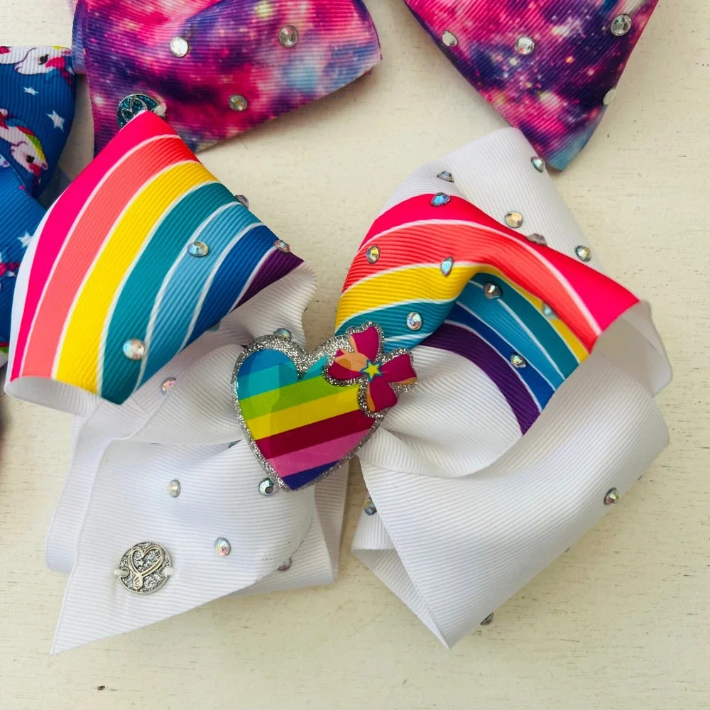 JoJo Siwa Hair Bow Bundle with Galaxy Rainbow Unicorn Designs & Nail Wraps